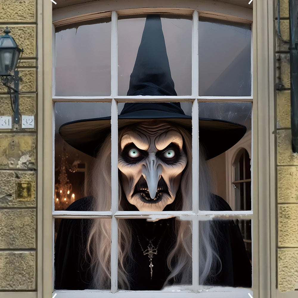 3D Holiday Halloween Horror Witch Window Cover Family Party Decoration Witch Zombie Ghosts Super Terrifying Photo Studio Backdrop Door Window Hanging Banner