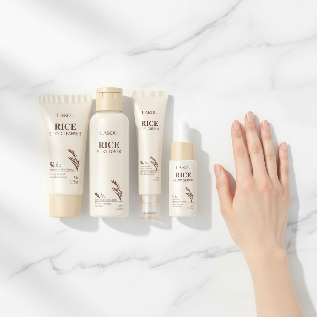 LAIKOU Rice Skincare Set — 5 products with hand for scale reference