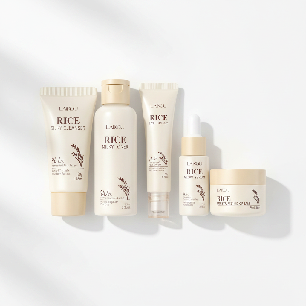 LAIKOU Rice Skincare Set — all 5 products overhead flat-lay