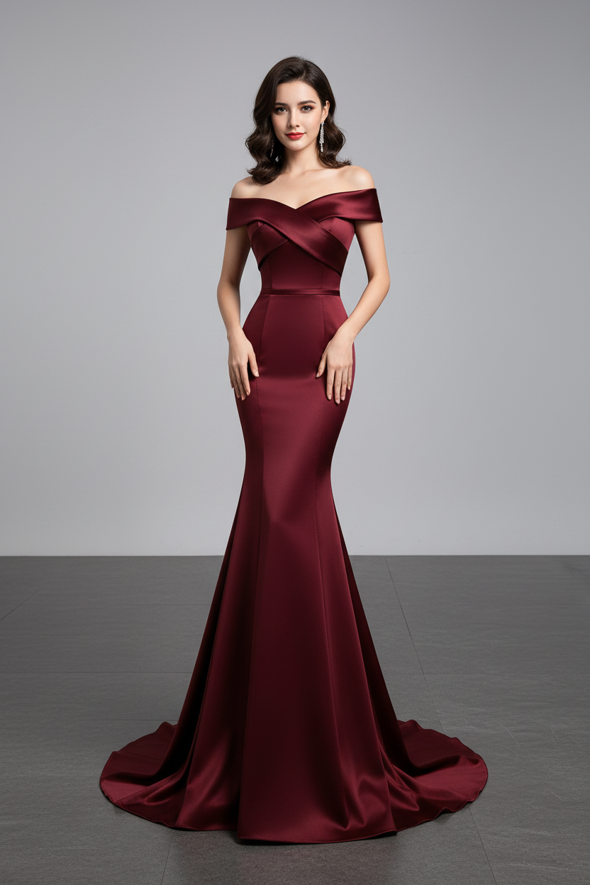 Wine red fishtail mermaid dress on model, front view