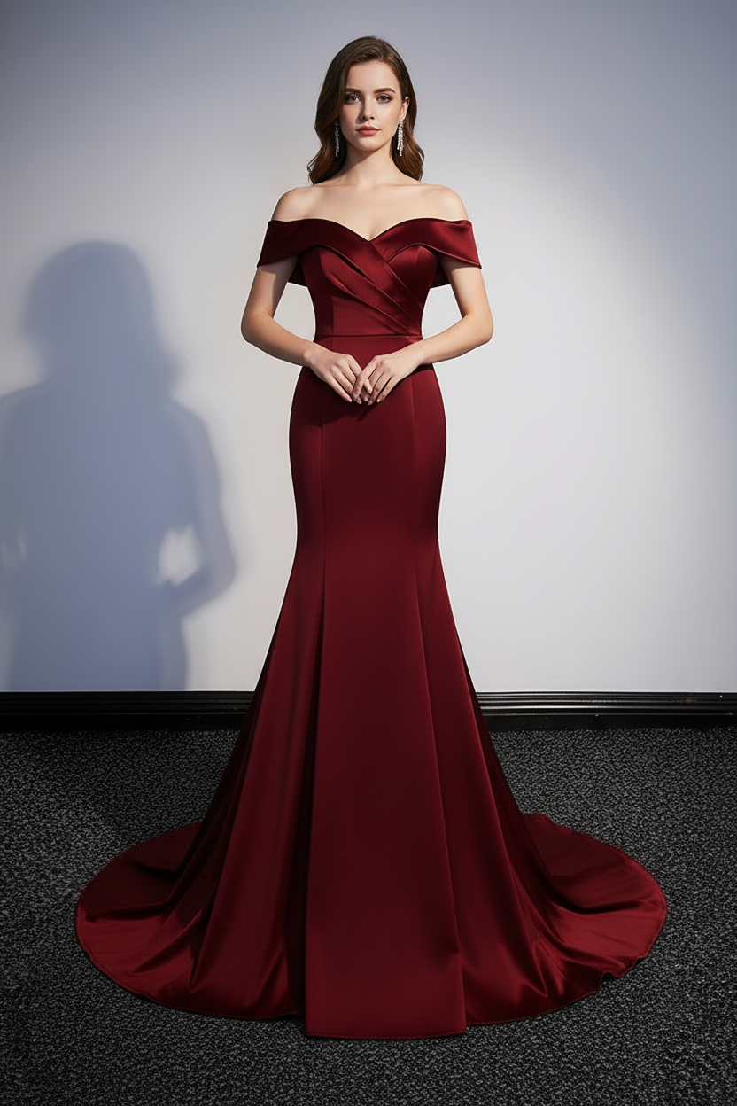 Wine red off-shoulder mermaid fishtail dress — front view on model